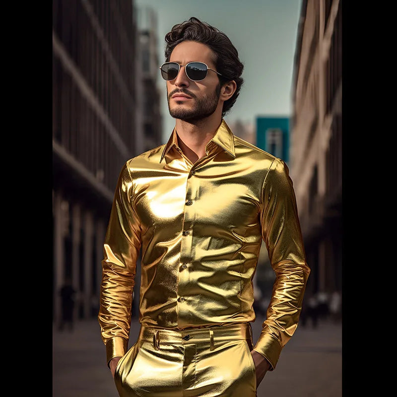 Men's Retro Gold Glossy Shirt American Casual Fashion Performance Shirts Solid Color Gorgeous Nightclub Male Shiny Tops