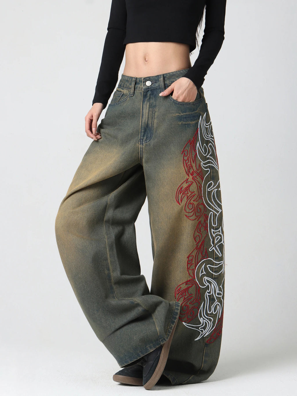 European And American Style, Dragon Pattern Flame Contrast Embroidery, Vintage Aby Style, Yellow Mud Gradient Jeans