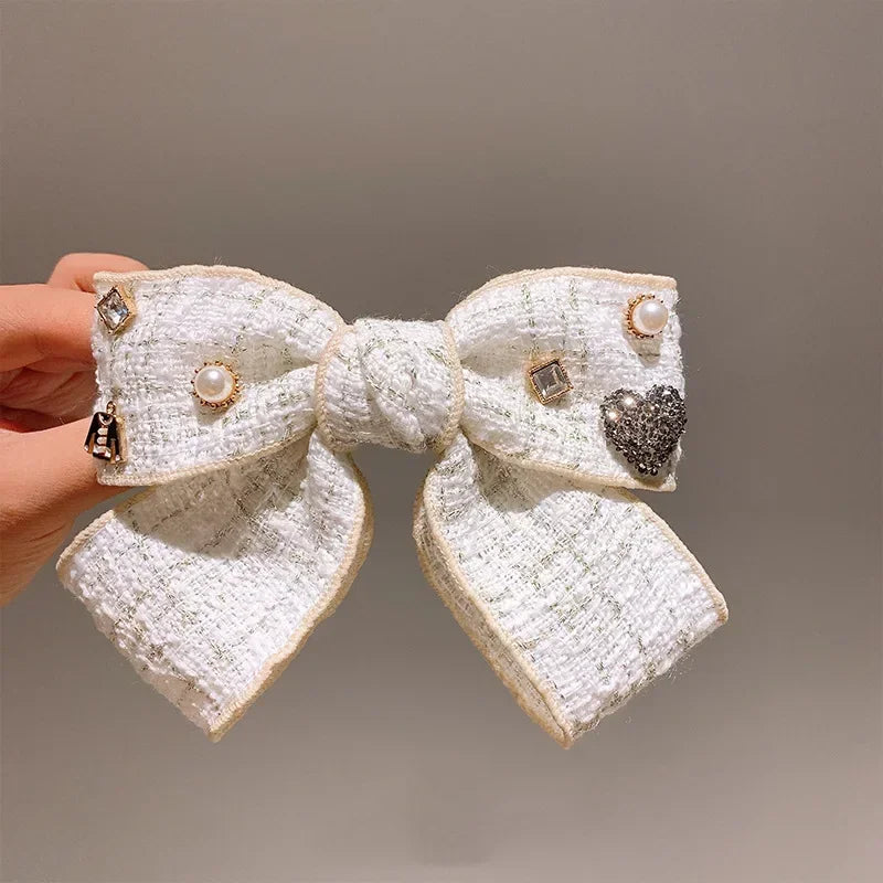 Elegant Plaid Cloth Hairpins Adult Crystal Heart Pearl Luxury Fabric Bow Hair Clip Pin for Girls Women Hair Jewelry Headpiece
