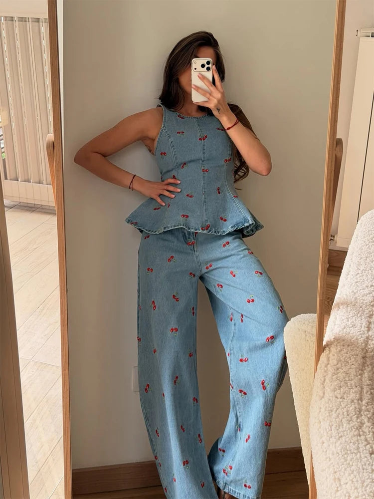 Denim Printed Pants 2 Piece Set Women Elegant Round Neck Sleeveless Vests Slim Long Pant Suits 2026 Lady Daily Street Outfit New