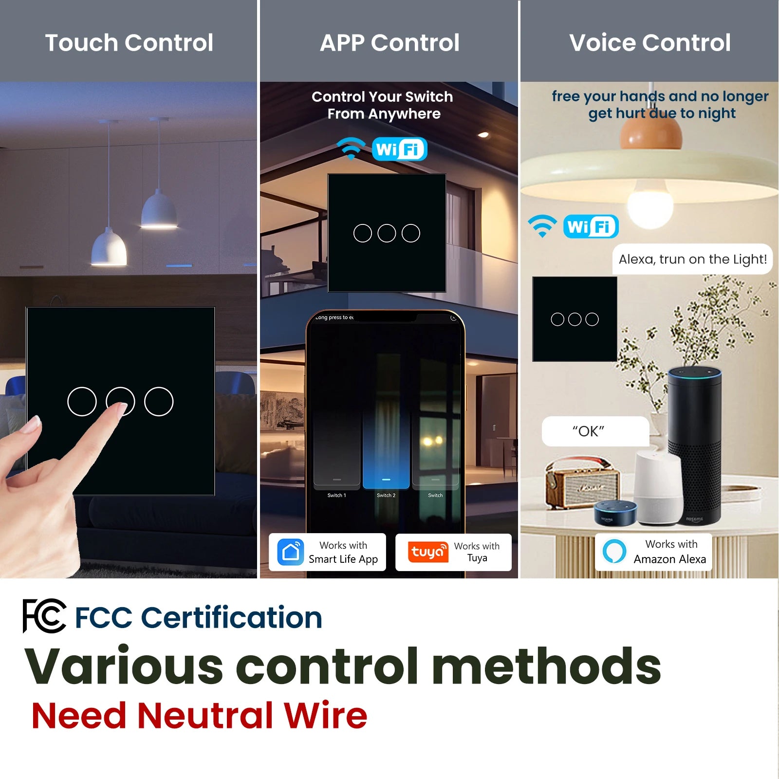 LOUYSGEN Wifi Smart Switch 1Gang 2Gang 3Gang Wall Light Switch Neutral Wire Glass Tuya APP Compatible Smart Life Alexa