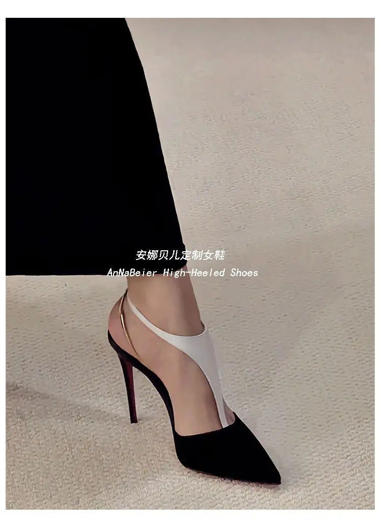 T-Shaped Socialite Black Gold Color Blocked Sexy Toe Sandals with Thin Heels and Pointed Toes, Autumn and Winter New High Heels