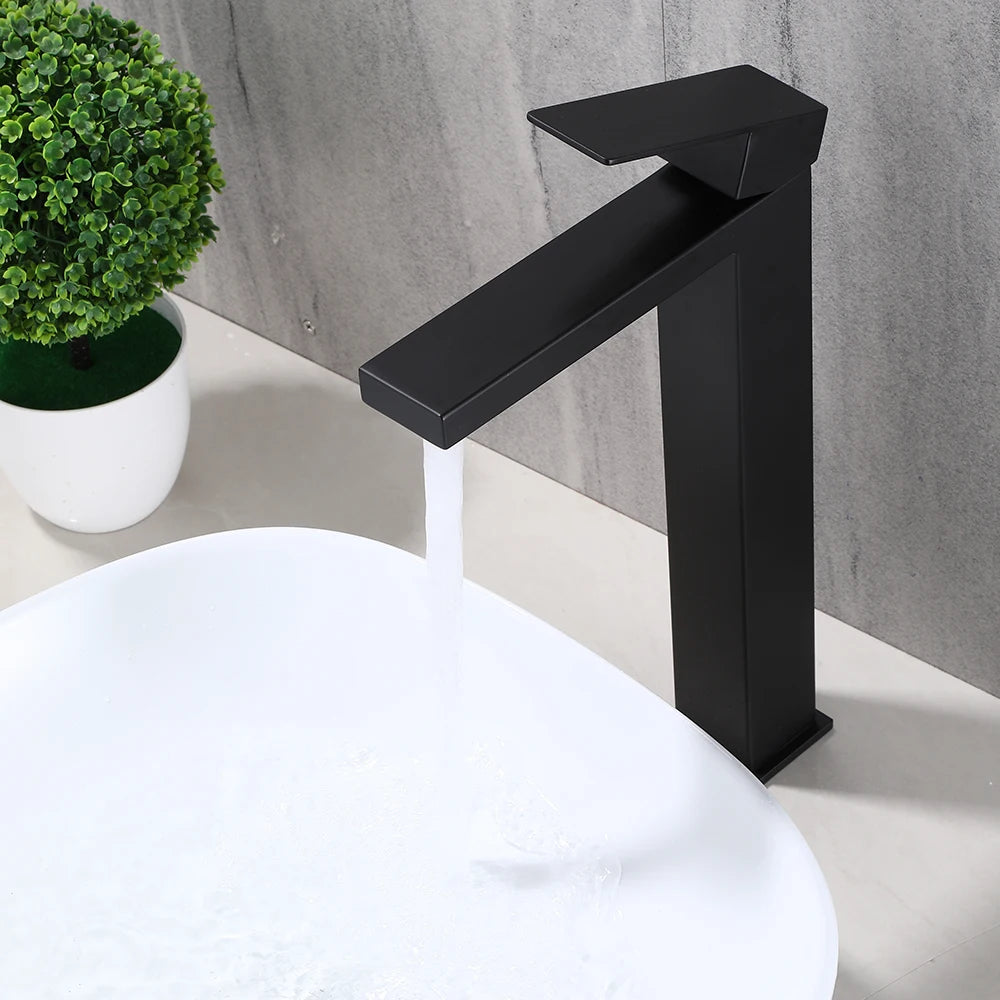Matte Black  Bathroom Faucet Deck Mount 304 Stainless Steel  Cold and Hot Black  Square Sink Tap Short and Tall
