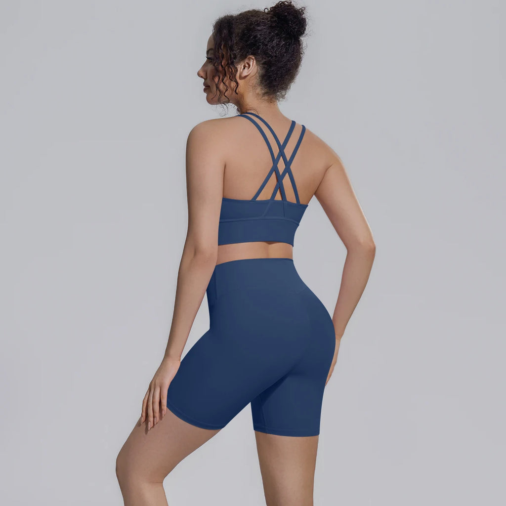 2PCS/set Yoga Set Summer Breathable Running Cycling Backless Sports Bra High Waist Peach Buttocks Fitness Shorts Gym Yoga Set