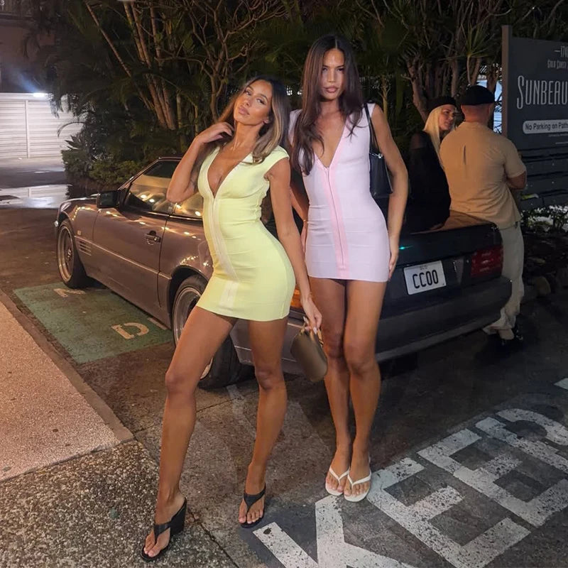Elegant V-Neck Women's Dress Sleeveless Zippers Elastic Hip Package Lady Mini Dresses 2026 Summer Autumn Chic Female Robe
