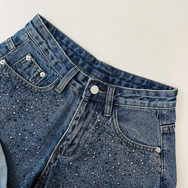 Retro Fashion Rhinestone Denim Shorts Women Pink Summer New A-Line Wide Leg Jeans Ultra Short For Hot Girls Bottoms