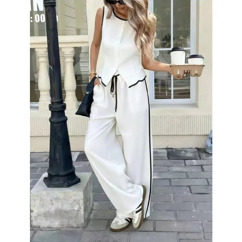 2026 New Multi Color Contrast Edge Tank Top and Trousers Suit Ladies Sleeveless Waistcoat Loose Pants Daily Travel Streetwear