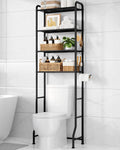 Over Toilet Storage Rack - 4 Tier Metal Bathroom Organizer Shelf with Paper Holder and Hooks, Black