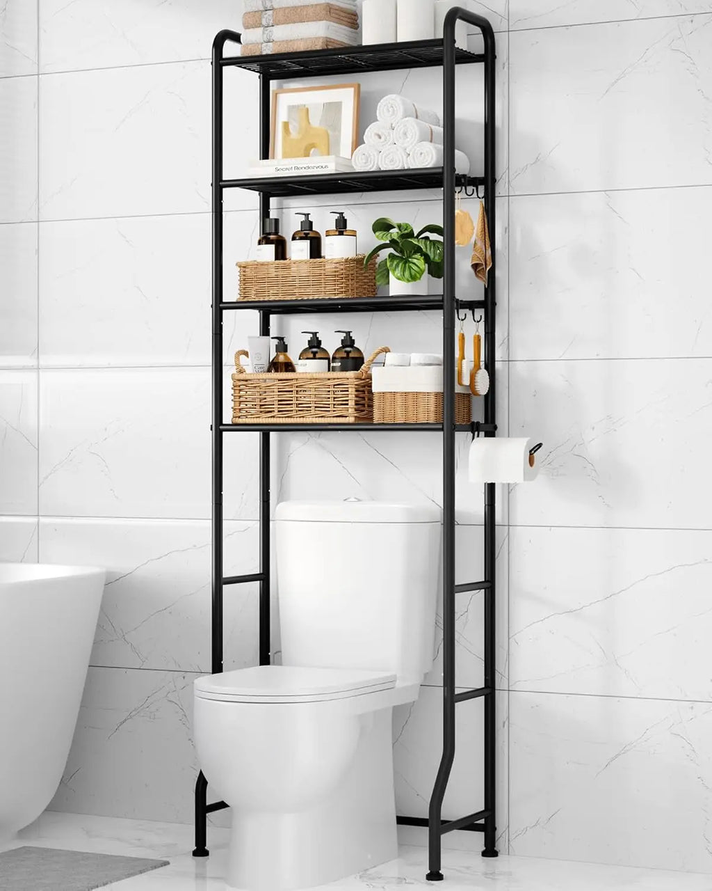 Over Toilet Storage Rack - 4 Tier Metal Bathroom Organizer Shelf with Paper Holder and Hooks, Black