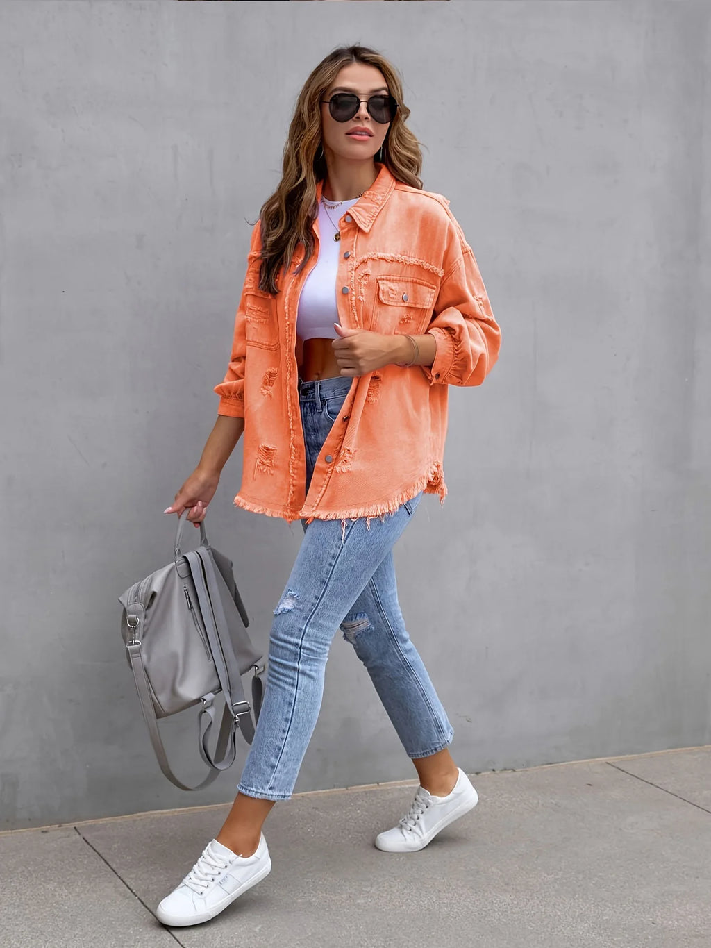 Women's Fashionable Solid Color Mid-Length Ripped Denim Jacket Long-Sleeved Spring Autumn Trend