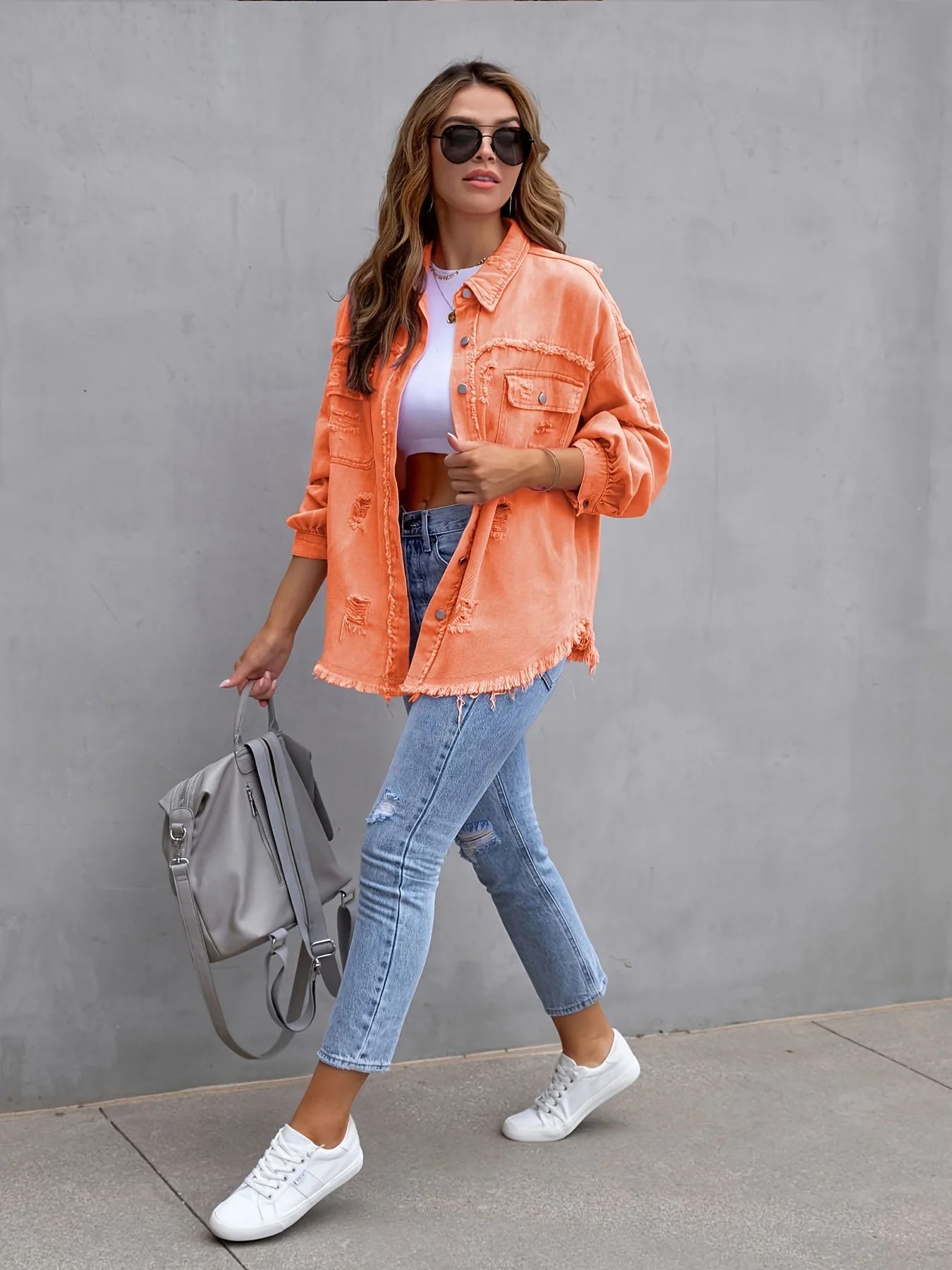 Women's Fashionable Solid Color Mid-Length Ripped Denim Jacket Long-Sleeved Spring Autumn Trend