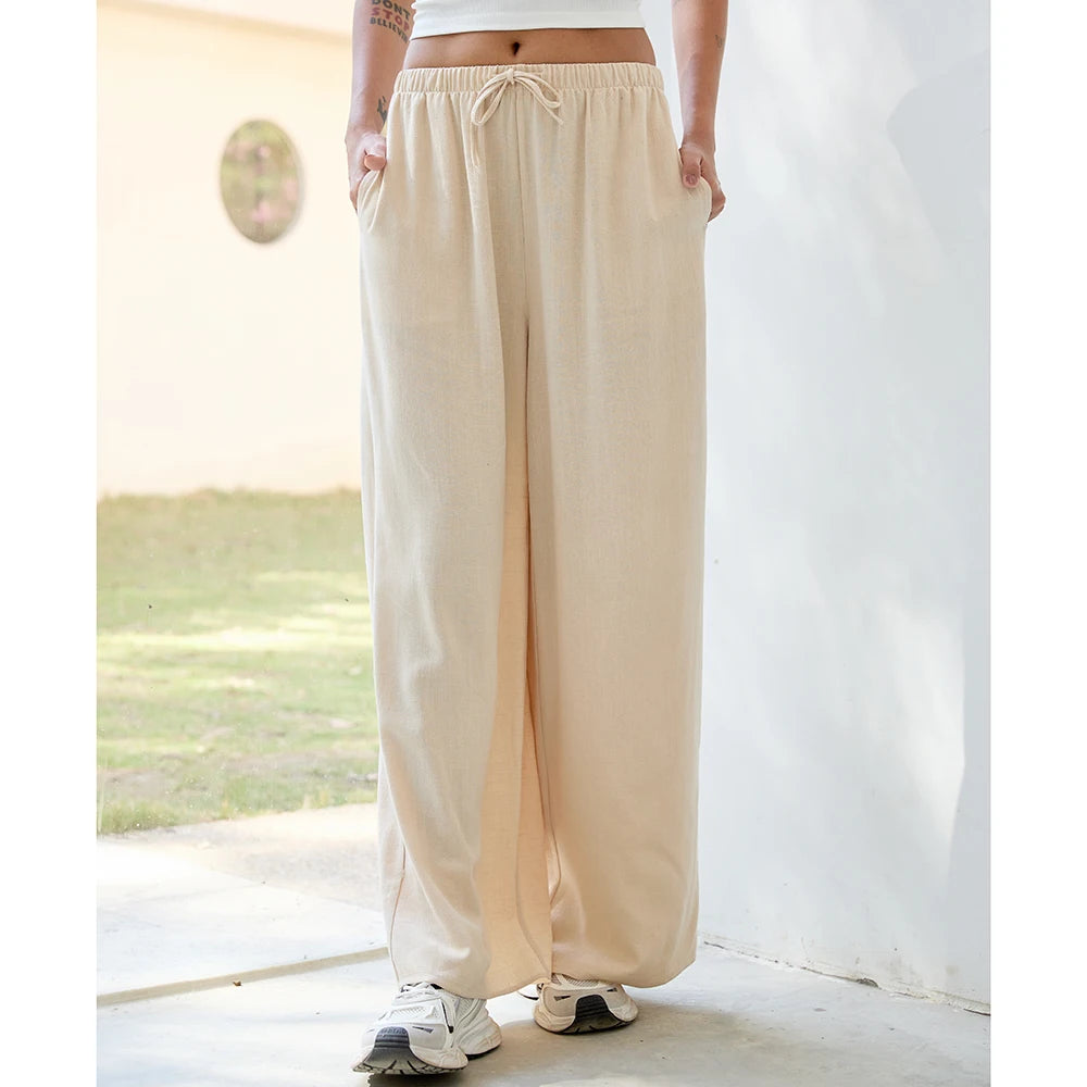 Loose Wide Leg Casual Pants Women's  Korean Linen Office Lady Household Trousers Drawstring Straight Leg Long Pants Femme