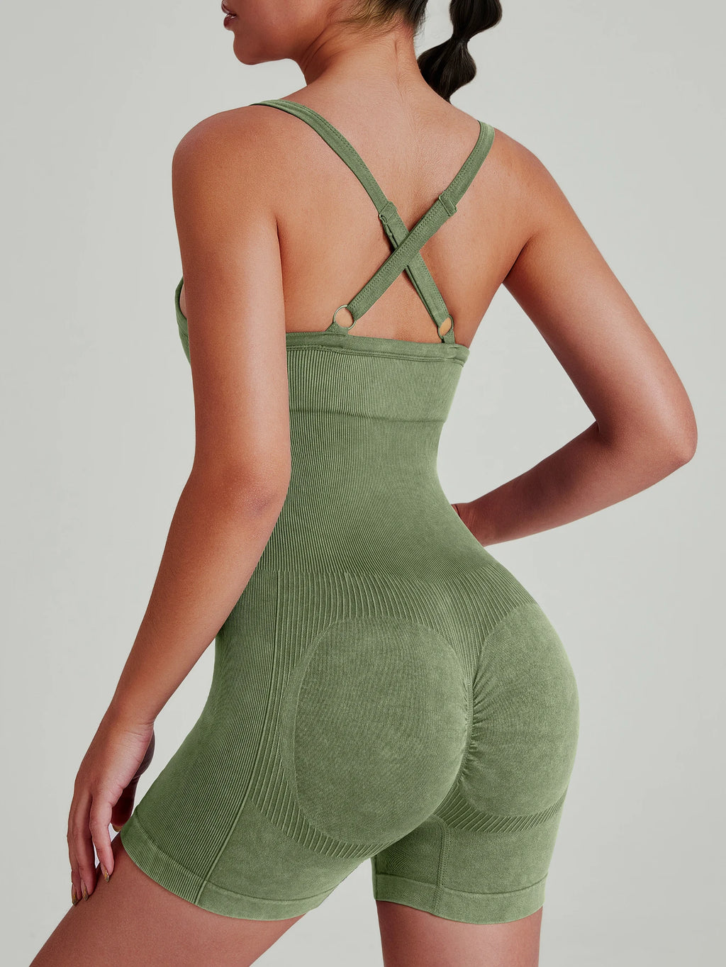 Women's Washed Yoga Bodysuit High Waisted Seamless 4-Way Stretch Workout Activewear Breathable Quick-Dry Lounge Jumpsuit