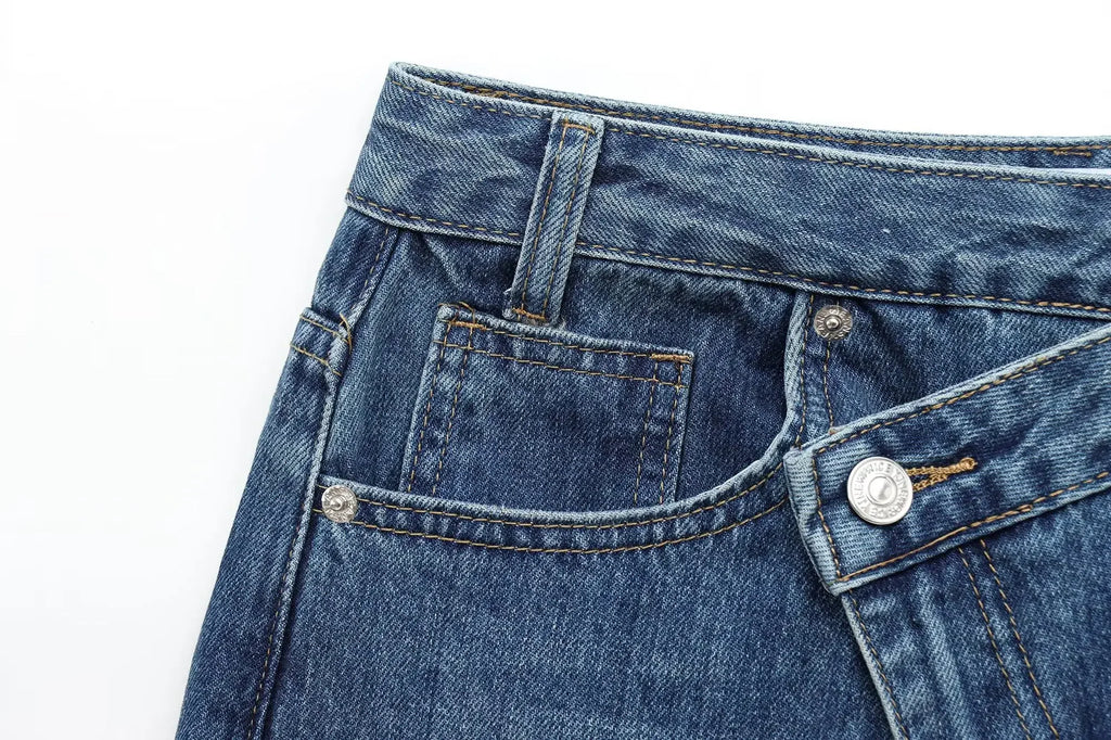 HH Women Trendy Cross Waist Wide Leg Jeans Asymmetrical Button Fly High Waist Baggy Denim Pants For Streetwear Y2K Outfits