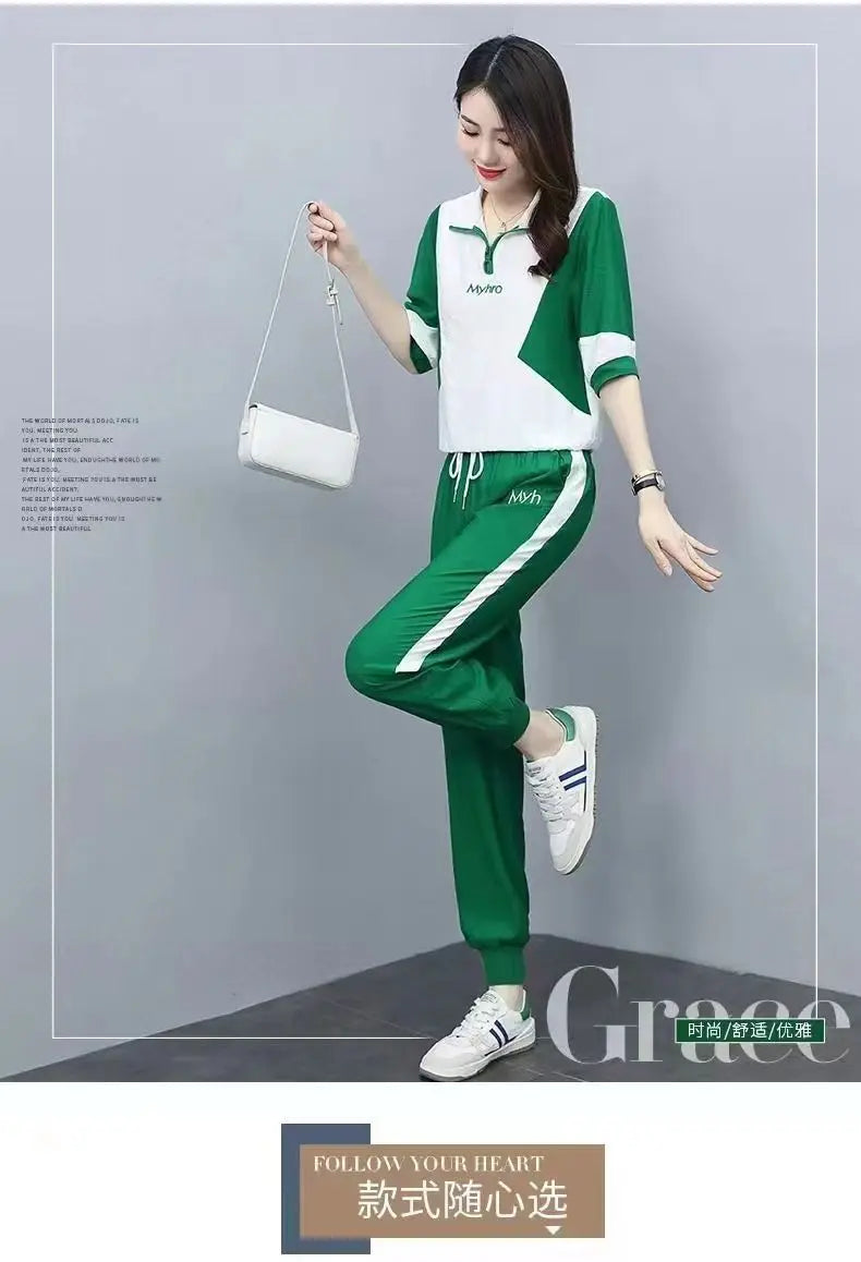 2 Piece Sets Women 2024 Summer Fashion Contrast Color Half Zipper Short Sleeve Tops Casual Pockets Sports Joggers Pants Outfits