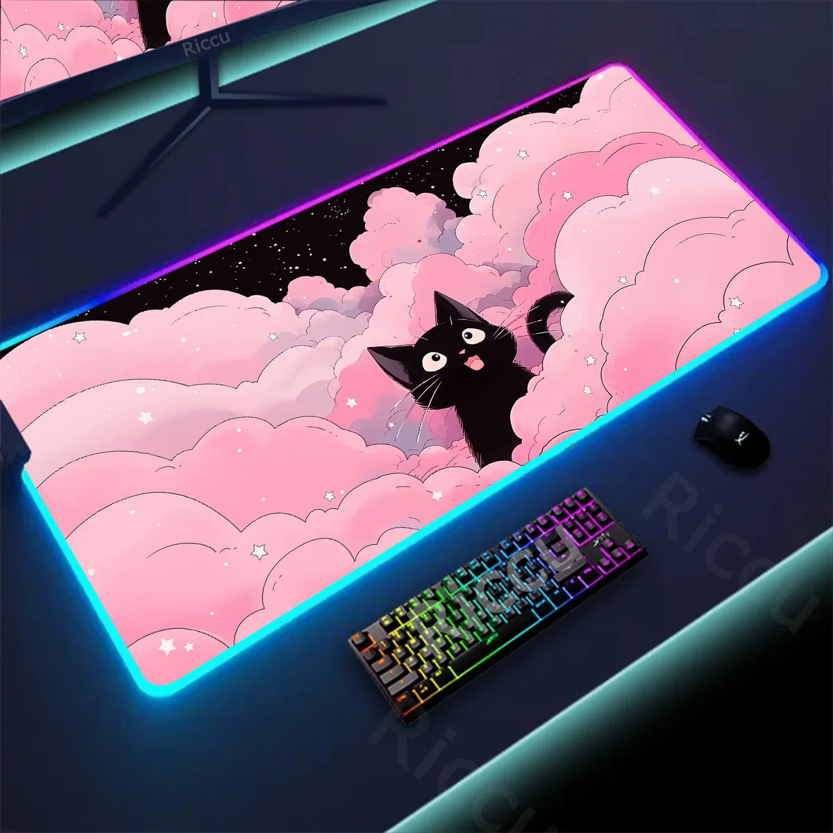 RGB Mousepad Pink Cloud Cat Cartoon Deskmat LED Backlight Gaming Keyboard Rug Computer Office Accessories Kawaii Anime Mouse Pad