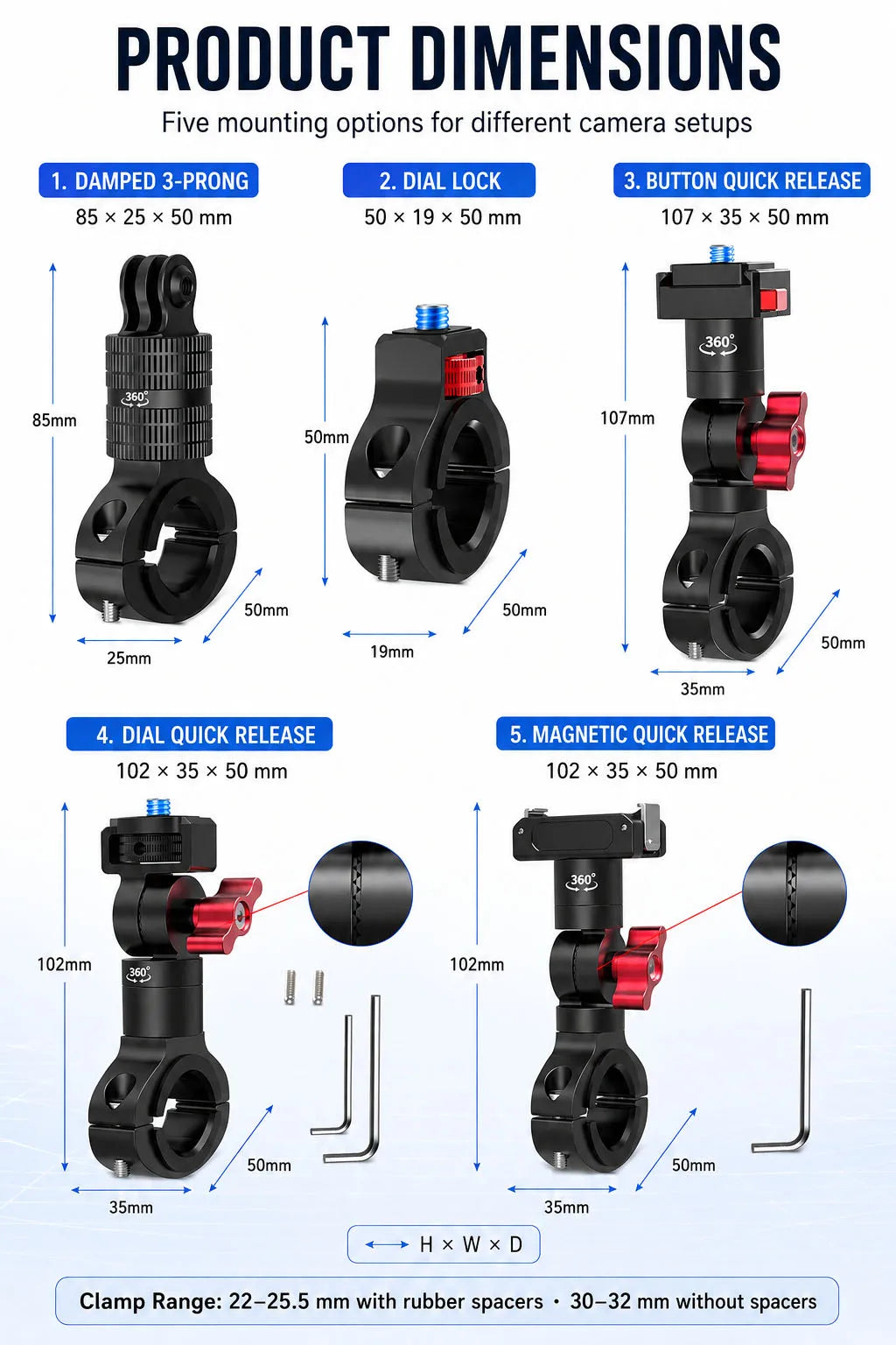 SOARSHOT Bicycle Motorcycle Handlebar Camera Mount 360° Swivel 22-32mm Clamp for DJI Osmo Insta360 Action Camera Quick Release