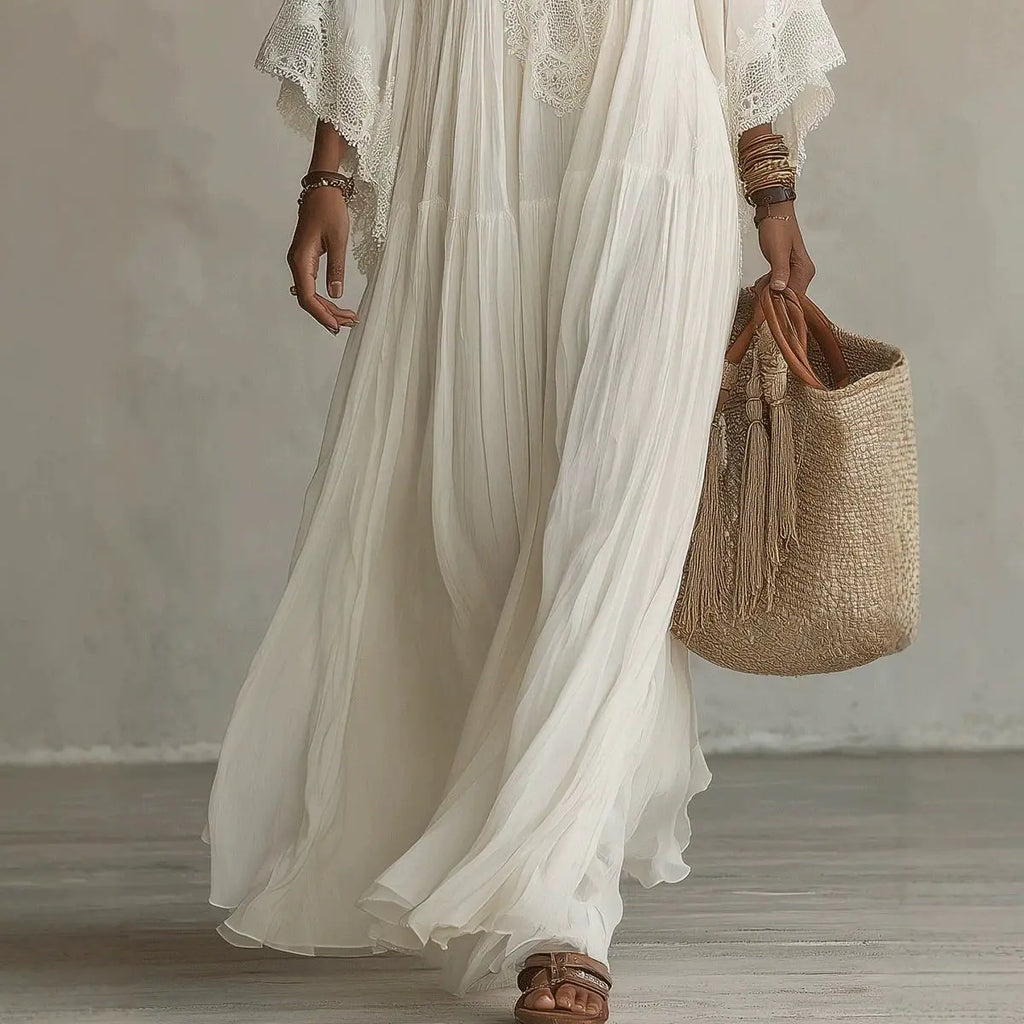 Summer Elegant Solid Dresses Womens Casual Lace Trim V Neck Flowy Maxi Dress Beach Holiday Party Maxi Dresses Robe Vestidos