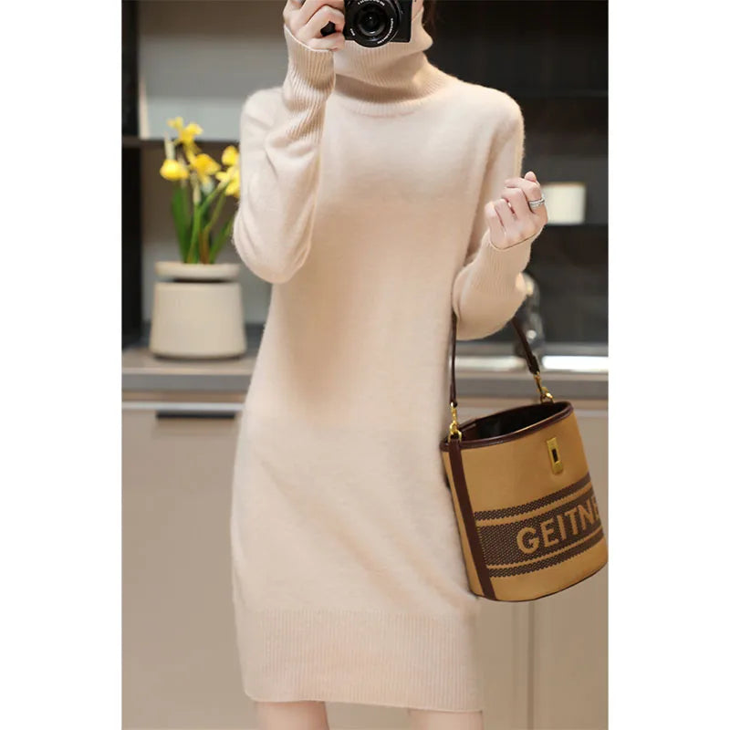 Elegant Cashmere Sweater Womens Dresses 100% Merino Wool Autumn Winter Turtleneck Knitted Dress Female Casual Long-Sleeve Skirts