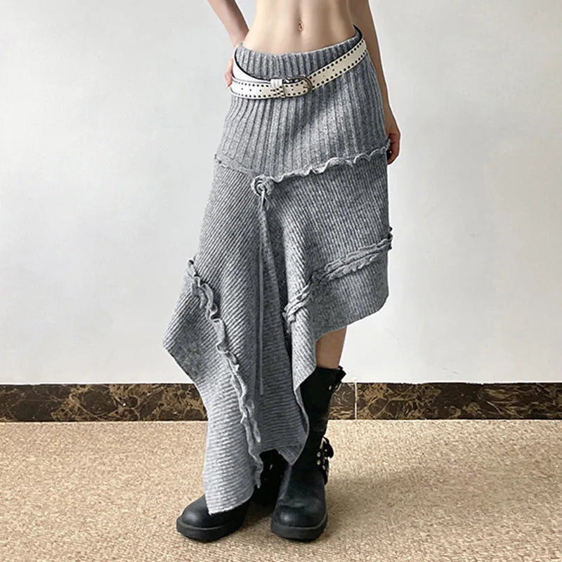 Three-color Floral Irregular Knitted Skirt for Women New Solid Color Wood Earrings Knitted Long Skirt Spring and Autumn