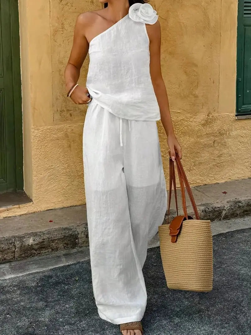 One‑Shoulder Sleeveless Tank Top Wide‑Leg Pants Two‑Piece Set, Lightweight Breathable Crinkle Fabric Casual Loose Fit Summer Out