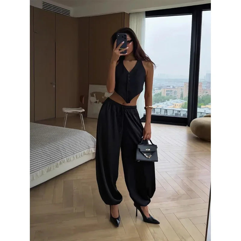 Solid Drapey Satin Loose Harem Pants Women Casual Elastic Waist Drawstring Design Long Pant 2026 Lady Commute Versatile Wear New