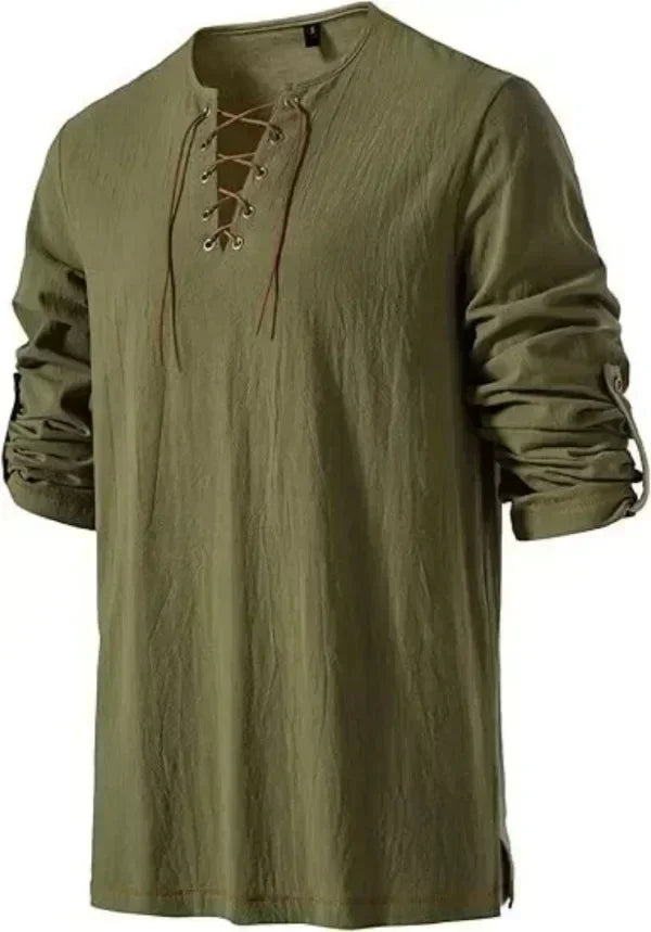 Men Medieval Lace Up Linen Long Sleeve Tunic Viking Pirate Renaissance Cosplay Shirt With Vintage Embossed Leather Belt