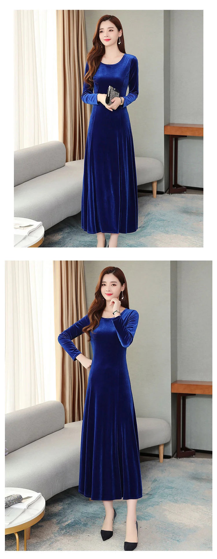 Elegant Long Velvet Dress Women's Autumn Winter New Style Knee-Length A-Line Skirt Polyester Fabric Regular Sleeve round Neck