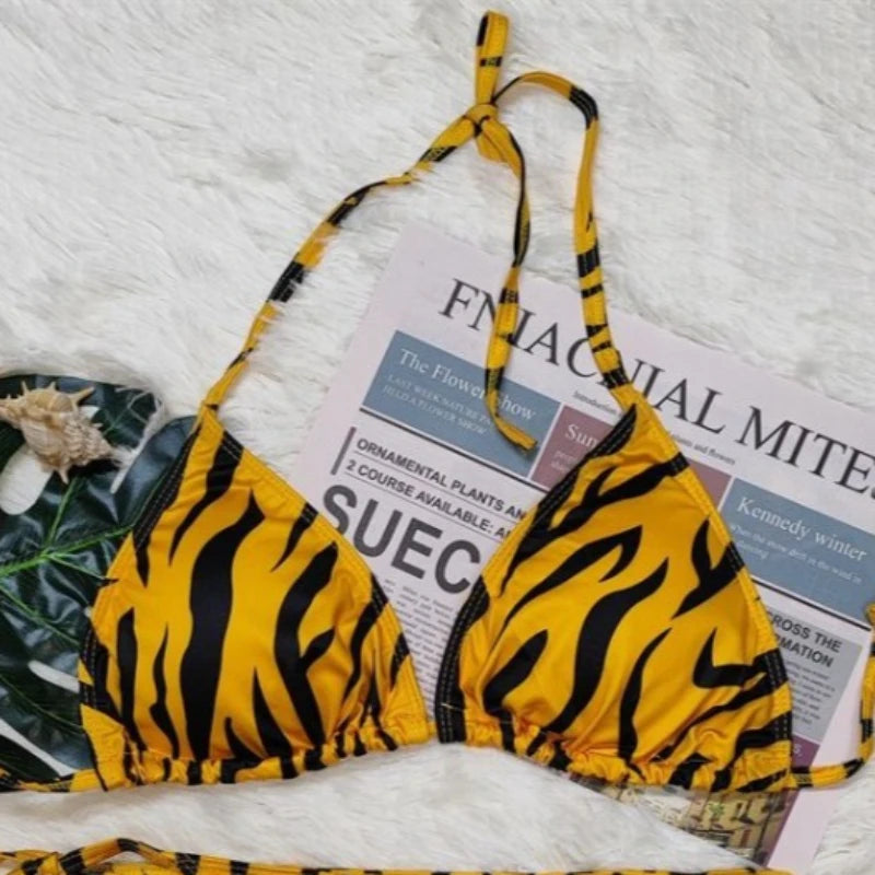 American Retro Black Yellow Zebra Print Print Bikini Set Women Sexy Hot Girl Beach Style Swimsuit Y2k Fashion Vacation Swimwear