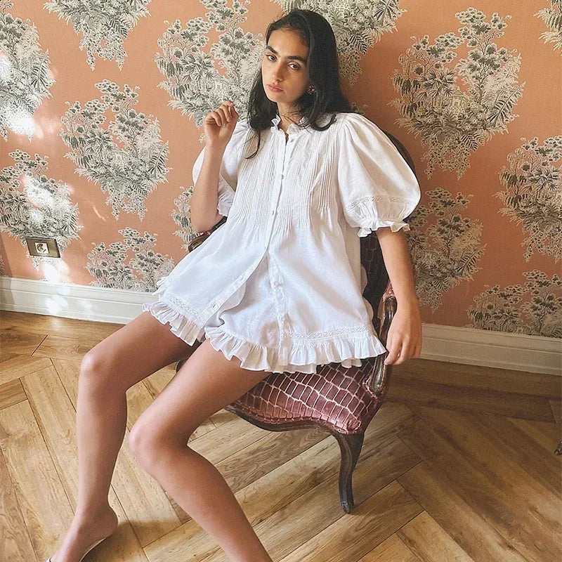 Casual Print Women Shorts Set Ruffles Puff Sleeve Button Top Empire Elastic Waist Pants 2026 Summer Autumn Beach Lady Outfit New