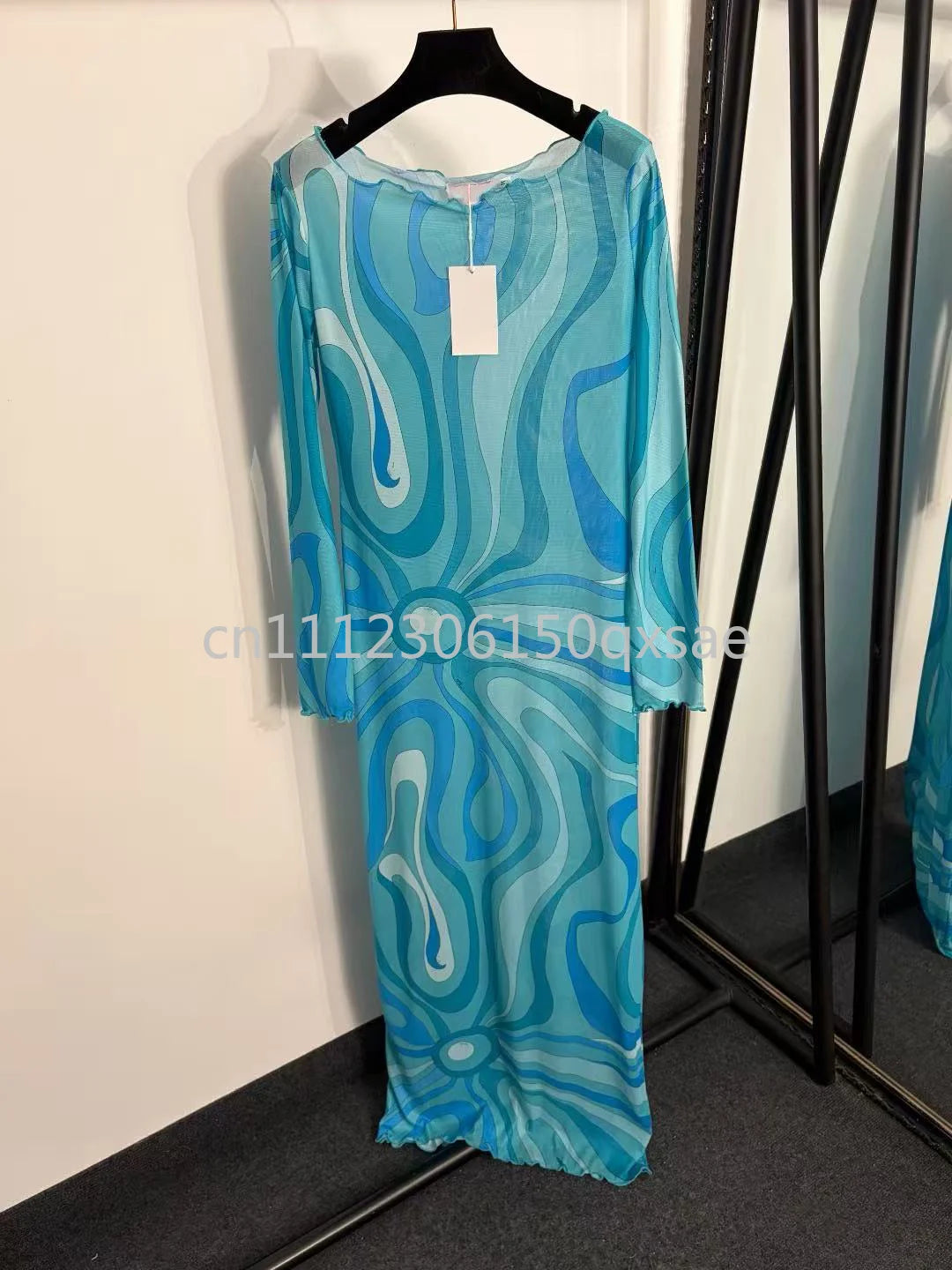 Fashion Design Women's Blue Mesh Dresses with Designer Signature Letter Logo Skirts Luxury Brand Women's Sexy Mesh Beachwear