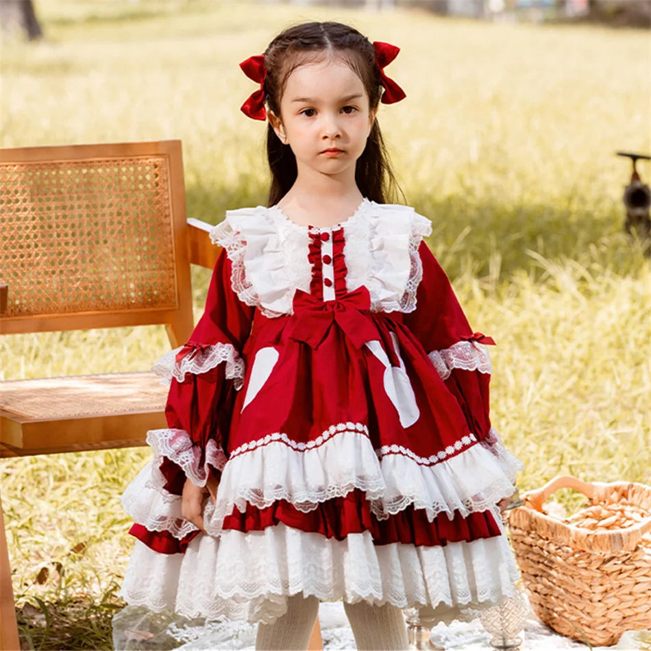Kids Spring Autumn Lolita Dress Princess Long Sleeves Fancy Luxury Cute Costume Girls Floral Lace Vestido Toddler Birthday Gift