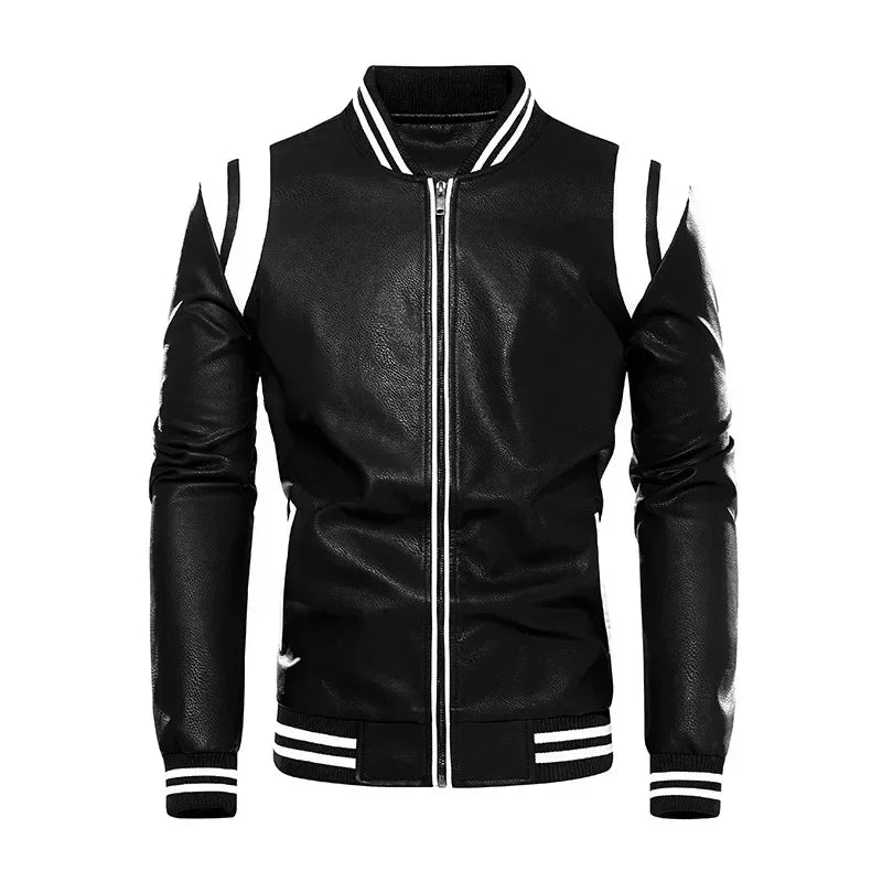 Motorcycle Men Leather Jacket Patchwork Biker Coat Motorcycle Jackets Mens Winter Casual Fleece Warm Coats Stripe Loose Outwear