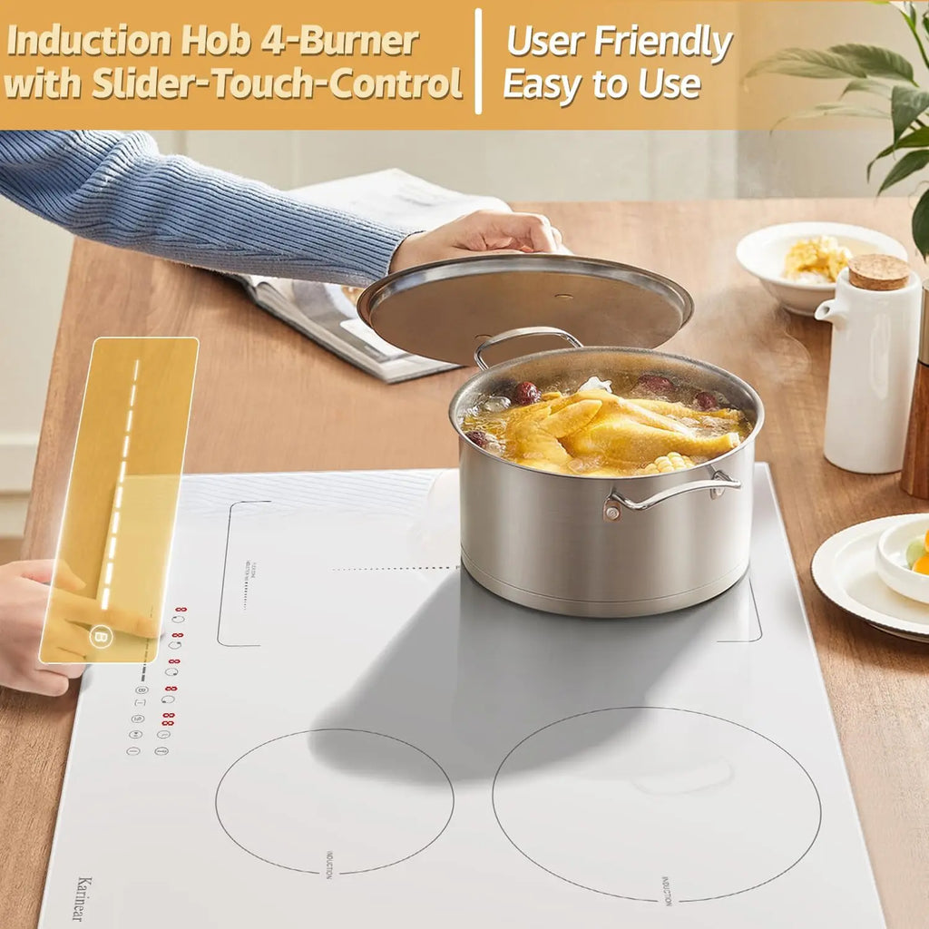 Karinear Induction Hob 4 Zones with Plug, 59CM, 3500W, White Ceramic Glass, Combination Zones, Sliding Controls, 9 Power Levels