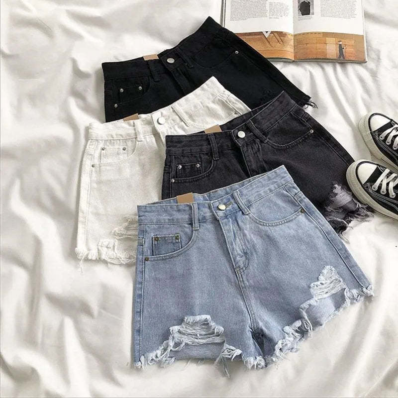 Women High Waist Ripped Denim Shorts Korean Y2K Streetwear Tassel Pocket Summer Casual Blue Jeans Pants Fashion Street Trousers