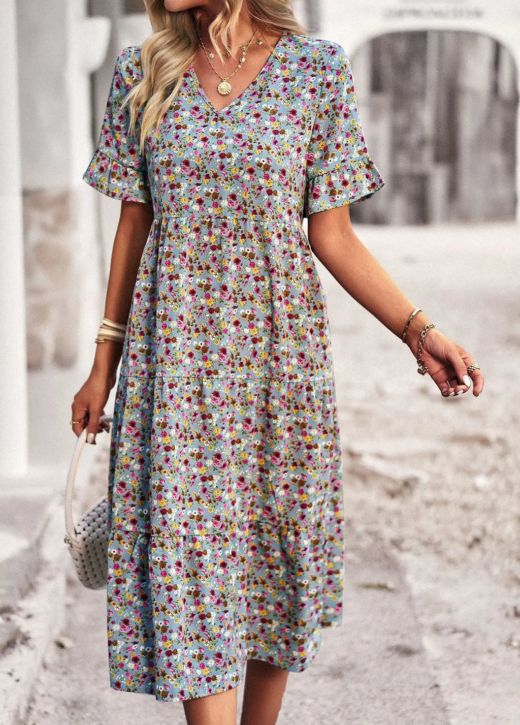 Msfilia Fashion V Neck Elegant Printed Dress Women Summer Short Sleeve High Waist A Line Floral Holiday Dresses