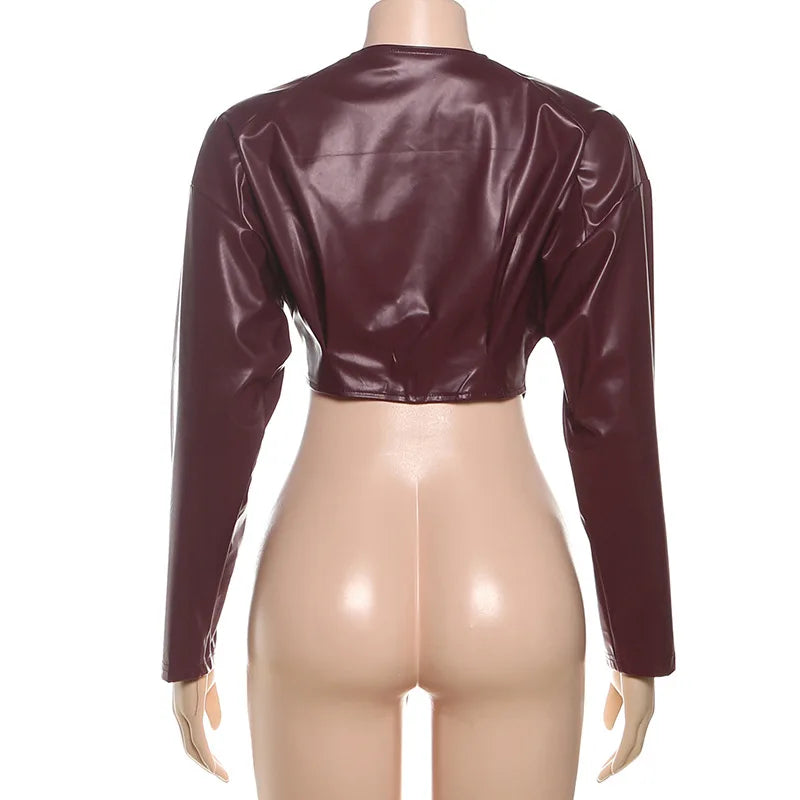 Joskaa 2025 Fall Women's PU Leather Jackets Fashion Solid Lapel Full Sleeve Slim Irregular Crop Coats Outerwear Y2K Streetwear