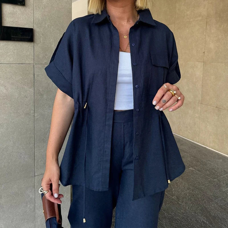 Casual Drawstring Shirt Pants Set Women Lapel Button Short Sleeve Pocket Loose Top Wide Leg Pants 2025 Chic Summer Women's Suit
