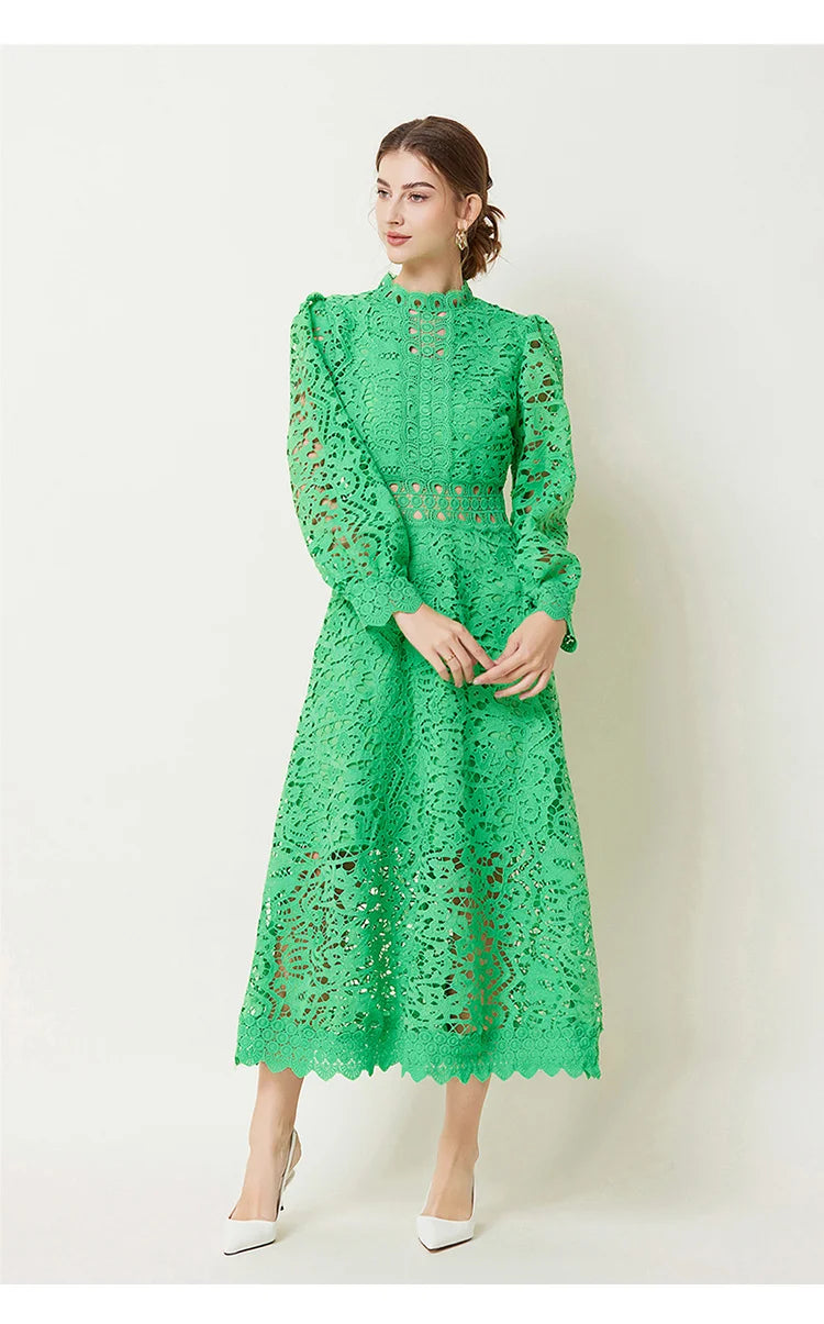 Solid Lace Holloe Out Slimming Elegant Dresses For Women Stand Collar Long Sleeve High Waist Minimalist Dress Female Fashion
