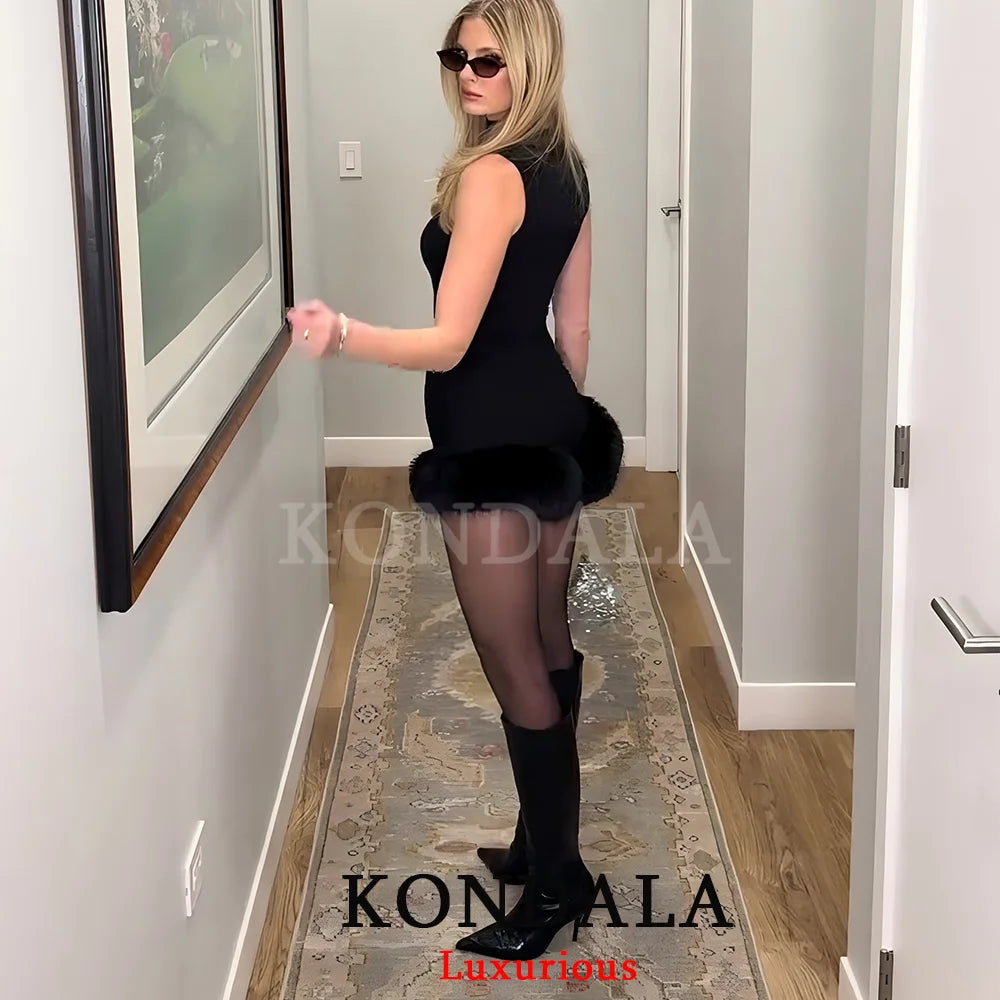 KONDALA Sexy Chic Black Fur Patchwork Shorts Women Fashion 2026 Party Evening Club Wide Leg Shorts Elegant Y2K Girl New Year