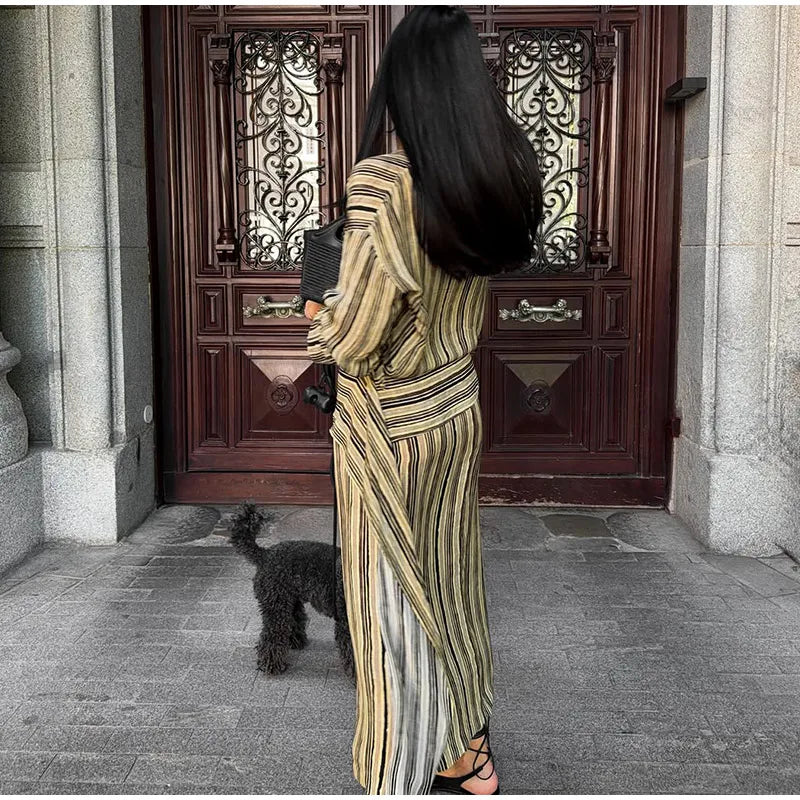 Multicolor Striped Shirt 2 Picec Set Button Front Blouse High Waist Flared Hem Maxi Skirt 2026 Summer Elegant Lady Vacation Suit