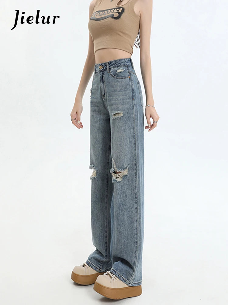 New Ripped Casual Loose Women Jeans High Waist Blue Korean Straight Pants Female Chicly Fashion Street Slim Woman Jeans
