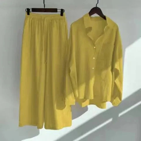 Women's 2-piece set 2026 Spring Autumn New Long sleeved Cotton linen Shirt top+High waisted loose Pants Comfortable Casual Sets