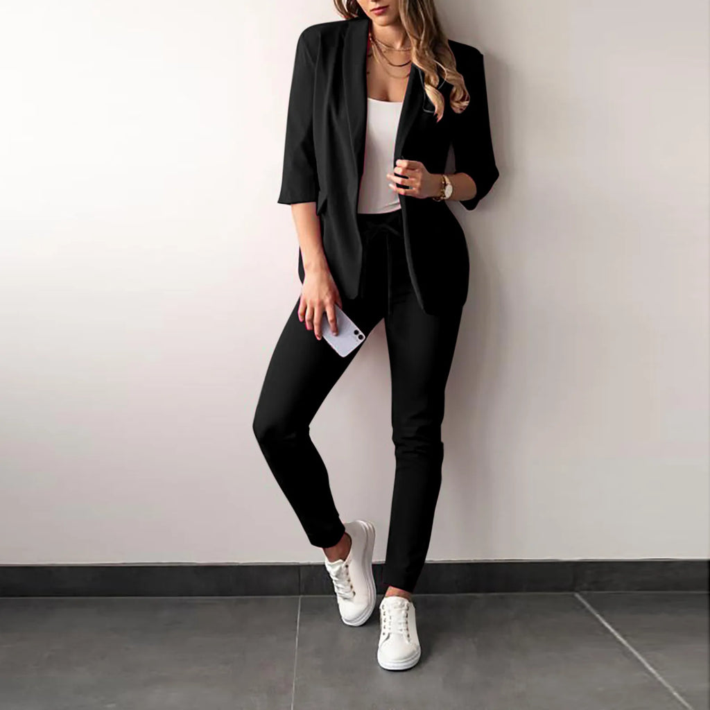 2024 Women's Two Piece Pant Suit Set Outfits Spring Autumn Turn Down Print Blazer Coat Drawstring Pants Suit Women Casual Sets