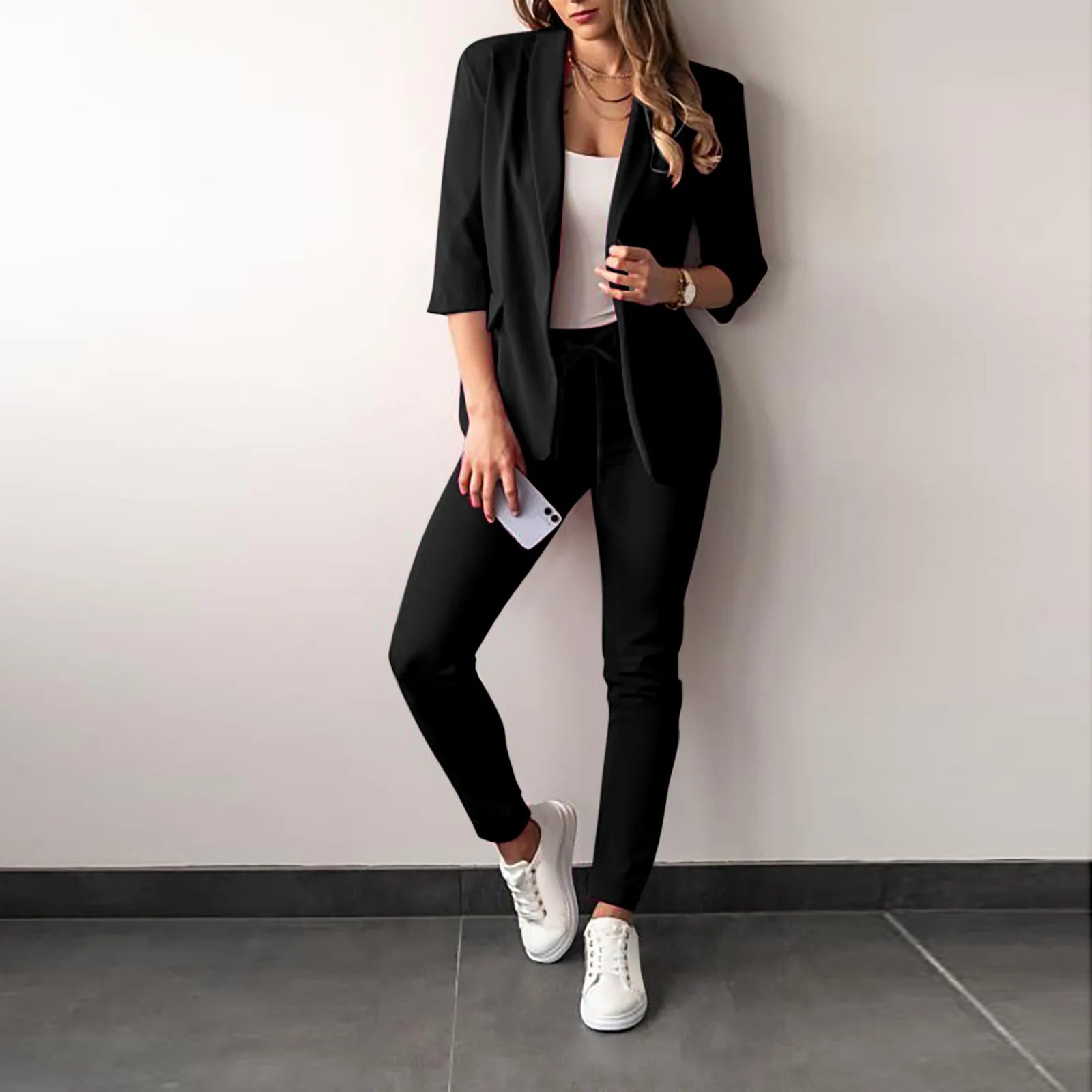 2024 Women's Two Piece Pant Suit Set Outfits Spring Autumn Turn Down Print Blazer Coat Drawstring Pants Suit Women Casual Sets
