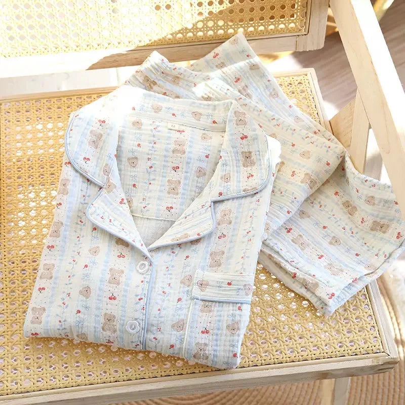 2025 Autumn Cotton Crepe Women's Pajamas Casual Soft Loose Sleepwear Long Sleeve Pants Pajama Sets Night Clothes 2-piece Set