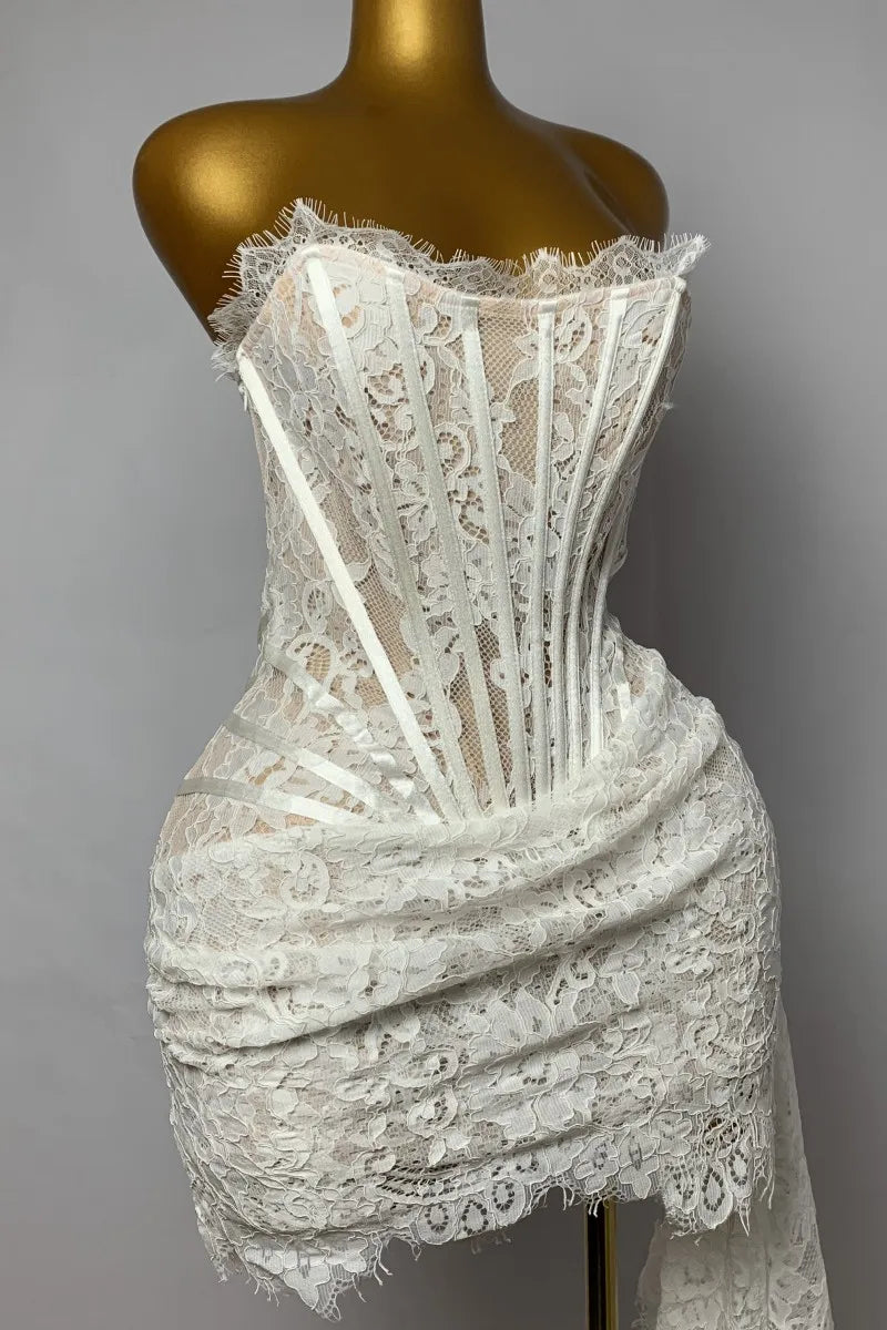 Women's Sexy Lace Dress Solid Color Sheer Patchwork High Waist Lace Dress Elegant Printed Strapless Slim Evening Dress
