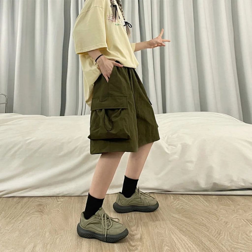 Women High Waist Cargo Shorts American Style Streetwear Summer Wide Leg Pants Fashion Female Big Pocket Loose Shorts