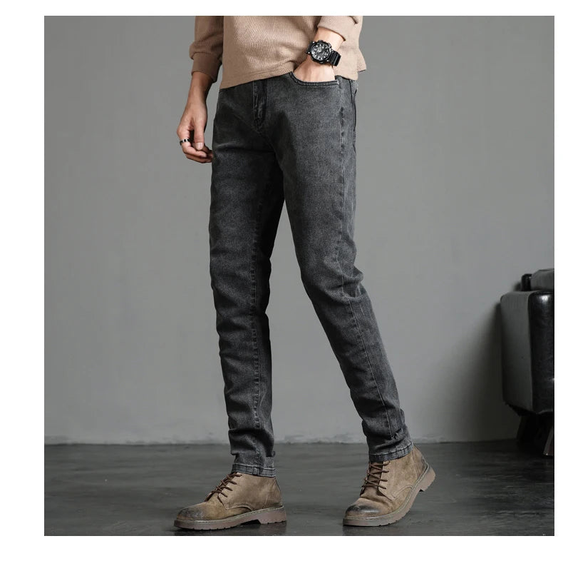 Men's Skinny Grey Jeans Fashion Casual Elastic Cotton Slim Korea Blue Biker Pencil Denim Trousers Male Hip Hop Brand Clothing