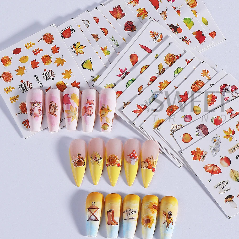 24pcs Fall Maple Leaf Nail Stickers Water Transfer Decals Geometry Leaves Mushroom Turkey Pumpkin Squirrel Design Manicure Decor